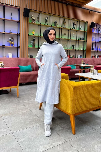 Kapşonlu Yandat Çıtçıtlı Sade Basic Uzun Tunik ve Pantolon İkili Spor Takım - 03071.008 - Gri - 7