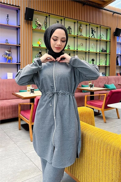 Kapşonlu Fermuarlı Belden Bağlamalı Sade Basic İkili Spor Takımı - 03070.017 - Antrasit - 11