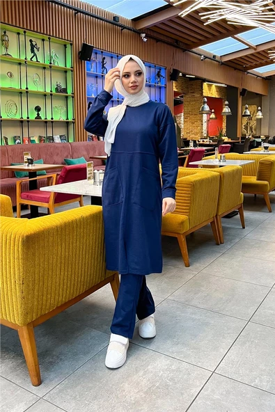 Önden İki Cepli Sade Basic Uzun Tunik Pantolon İkili Spor Takımı - 03067.202 - Açık Lacivert - 9