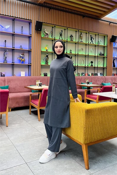 Önden İki Cepli Sade Basic Uzun Tunik Pantolon İkili Spor Takımı - 03067.017 - Antrasit - 5