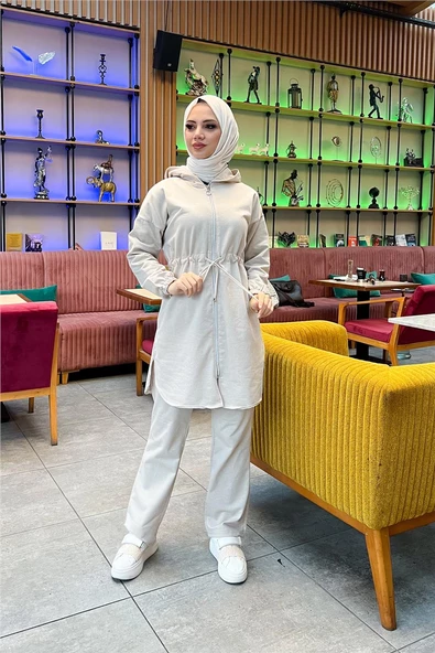 Kapşonlu Fermuarlı Belden Bağlamalı Sade Basic İkili Spor Takımı - 03070.027 - Ekru - Resim 4