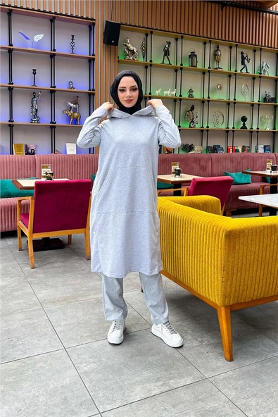 Kapşonlu Yandat Çıtçıtlı Sade Basic Uzun Tunik ve Pantolon İkili Spor Takım - 03071.008 - Gri - 2