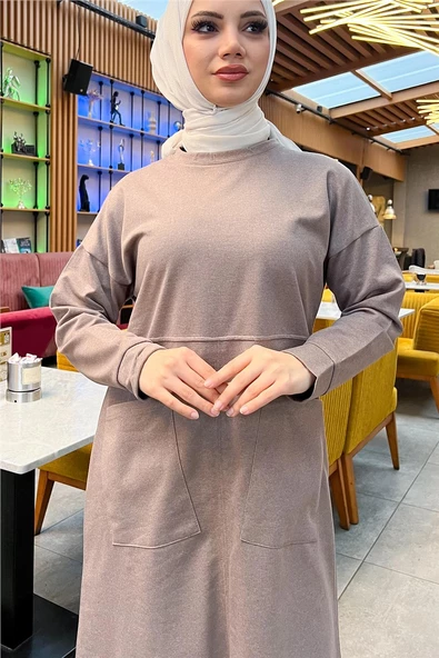 Önden İki Cepli Sade Basic Uzun Tunik Pantolon İkili Spor Takımı - 03067.016 - Vizon - Resim 8