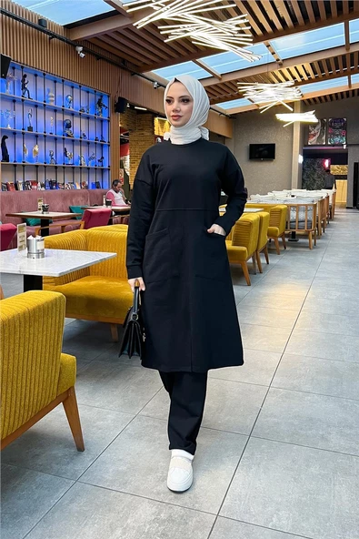 Önden İki Cepli Sade Basic Uzun Tunik Pantolon İkili Spor Takımı - 03067.003 - Siyah - 3