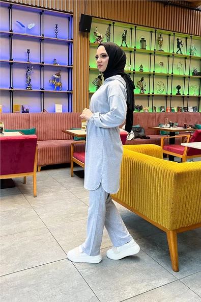 Kapşonlu Fermuarlı Belden Bağlamalı Sade Basic İkili Spor Takımı - 03070.008 - Gri - 5
