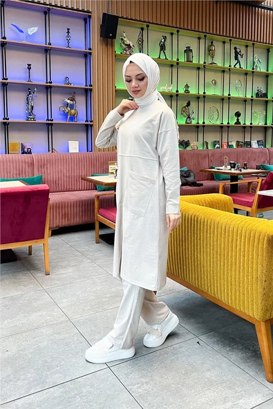 Önden İki Cepli Sade Basic Uzun Tunik Pantolon İkili Spor Takımı - 03067.027 - Ekru - Resim 6