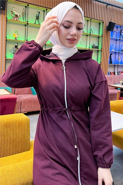 Kapşonlu Fermuarlı Belden Bağlamalı Sade Basic İkili Spor Takımı - 03070.020 - Mürdüm - 5