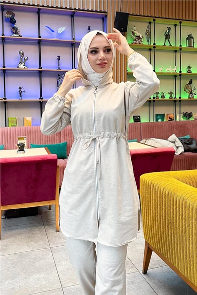 Kapşonlu Fermuarlı Belden Bağlamalı Sade Basic İkili Spor Takımı - 03070.027 - Ekru - Resim 9