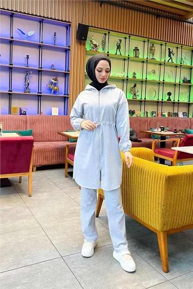 Kapşonlu Fermuarlı Belden Bağlamalı Sade Basic İkili Spor Takımı - 03070.008 - Gri - 3