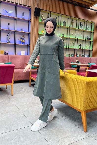 Önden İki Cepli Sade Basic Uzun Tunik Pantolon İkili Spor Takımı - 03067.005 - Haki - Resim 3