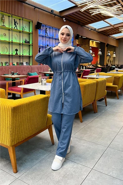 Kapşonlu Fermuarlı Belden Bağlamalı Sade Basic İkili Spor Takımı - 03070.006 - İndigo - 6