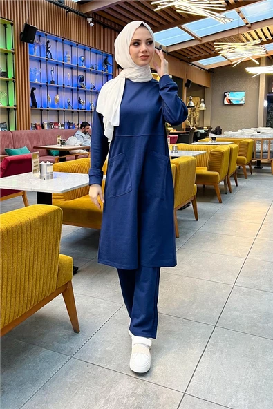Önden İki Cepli Sade Basic Uzun Tunik Pantolon İkili Spor Takımı - 03067.202 - Açık Lacivert - 5