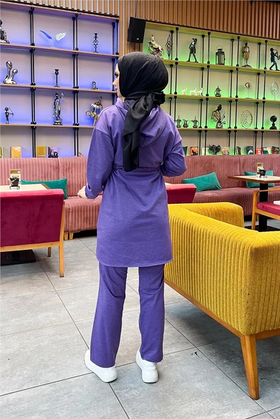 Kapşonlu Fermuarlı Belden Bağlamalı Sade Basic İkili Spor Takımı - 03070.207 - Koyu Lila - Resim 7