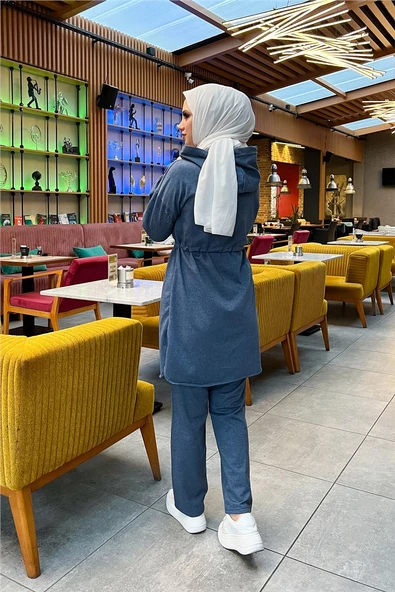 Kapşonlu Fermuarlı Belden Bağlamalı Sade Basic İkili Spor Takımı - 03070.006 - İndigo - 7