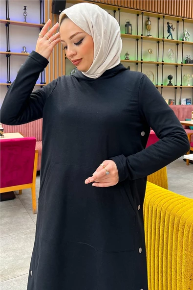 Kapşonlu Yandat Çıtçıtlı Sade Basic Uzun Tunik ve Pantolon İkili Spor Takım - 03071.003 - Siyah - Resim 10