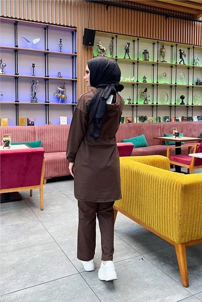 Kapşonlu Fermuarlı Belden Bağlamalı Sade Basic İkili Spor Takımı - 03070.028 - Kahverengi - 5