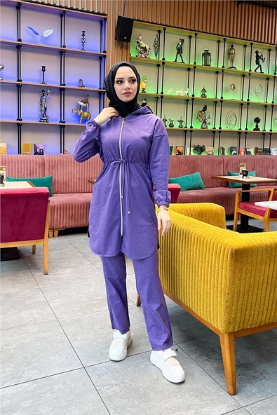 Kapşonlu Fermuarlı Belden Bağlamalı Sade Basic İkili Spor Takımı - 03070.207 - Koyu Lila ürün görseli