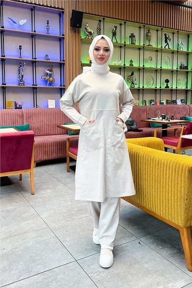 Önden İki Cepli Sade Basic Uzun Tunik Pantolon İkili Spor Takımı - 03067.027 - Ekru - Resim 4
