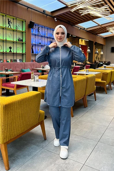Kapşonlu Fermuarlı Belden Bağlamalı Sade Basic İkili Spor Takımı - 03070.006 - İndigo - 3