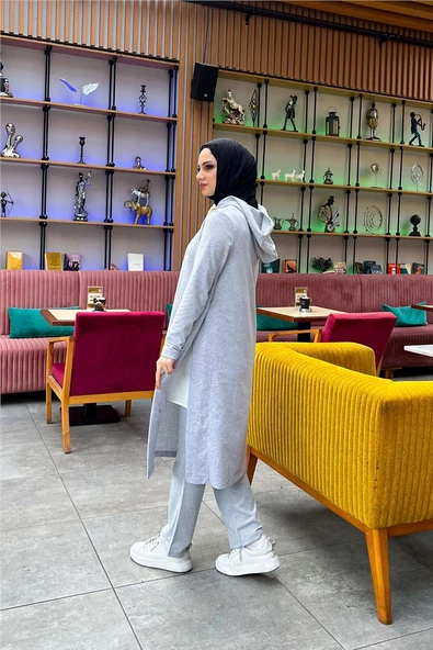 Kapşonlu Yandat Çıtçıtlı Sade Basic Uzun Tunik ve Pantolon İkili Spor Takım - 03071.008 - Gri - 9