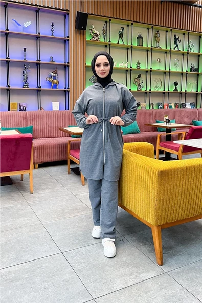 Kapşonlu Fermuarlı Belden Bağlamalı Sade Basic İkili Spor Takımı - 03070.017 - Antrasit - 3