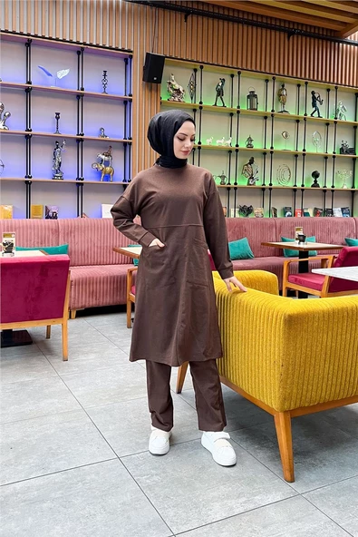 Önden İki Cepli Sade Basic Uzun Tunik Pantolon İkili Spor Takımı - 03067.028 - Kahverengi - 2