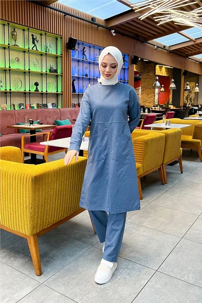Önden İki Cepli Sade Basic Uzun Tunik Pantolon İkili Spor Takımı - 03067.006 - İndigo - Resim 2