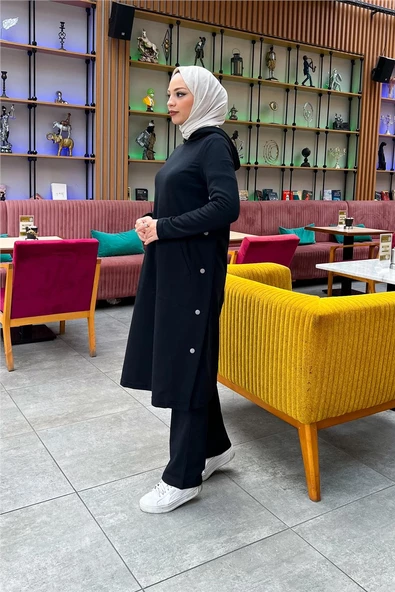 Kapşonlu Yandat Çıtçıtlı Sade Basic Uzun Tunik ve Pantolon İkili Spor Takım - 03071.003 - Siyah - Resim 2
