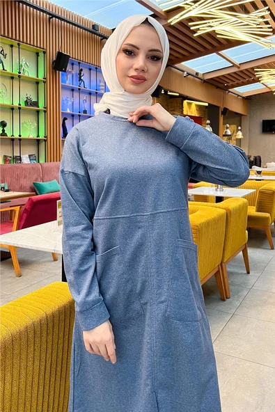 Önden İki Cepli Sade Basic Uzun Tunik Pantolon İkili Spor Takımı - 03067.006 - İndigo - Resim 8