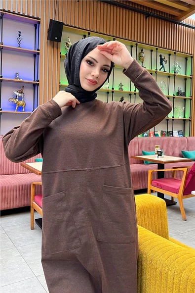 Önden İki Cepli Sade Basic Uzun Tunik Pantolon İkili Spor Takımı - 03067.028 - Kahverengi - 7