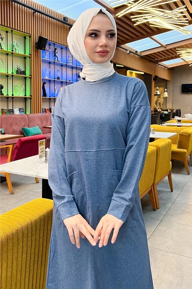 Önden İki Cepli Sade Basic Uzun Tunik Pantolon İkili Spor Takımı - 03067.006 - İndigo - Resim 7