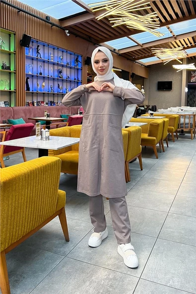Önden İki Cepli Sade Basic Uzun Tunik Pantolon İkili Spor Takımı - 03067.016 - Vizon - Resim 2