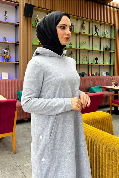 Kapşonlu Yandat Çıtçıtlı Sade Basic Uzun Tunik ve Pantolon İkili Spor Takım - 03071.008 - Gri - 11