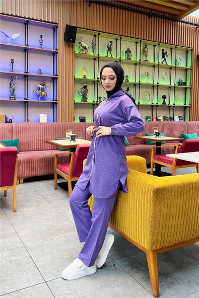 Kapşonlu Fermuarlı Belden Bağlamalı Sade Basic İkili Spor Takımı - 03070.207 - Koyu Lila - Resim 9