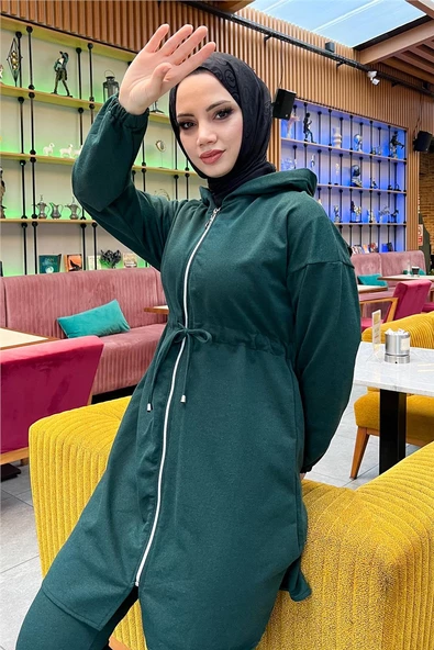 Kapşonlu Fermuarlı Belden Bağlamalı Sade Basic İkili Spor Takımı - 03070.021 - Nefti - Resim 10