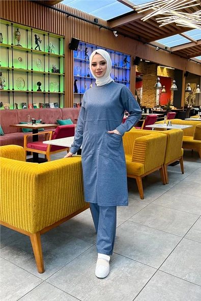 Önden İki Cepli Sade Basic Uzun Tunik Pantolon İkili Spor Takımı - 03067.006 - İndigo ürün görseli