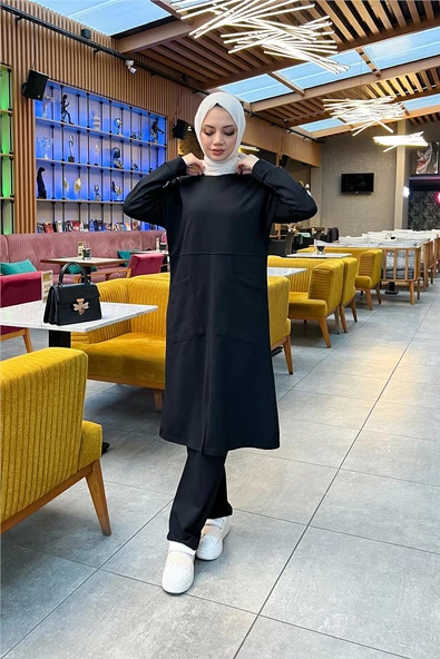 Önden İki Cepli Sade Basic Uzun Tunik Pantolon İkili Spor Takımı - 03067.003 - Siyah - 5