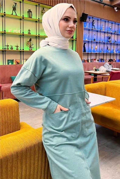 Önden İki Cepli Sade Basic Uzun Tunik Pantolon İkili Spor Takımı - 03067.100 - Çağla Yeşili - Resim 7