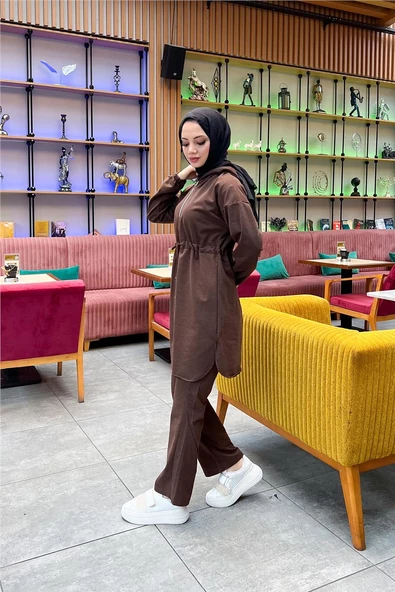Kapşonlu Fermuarlı Belden Bağlamalı Sade Basic İkili Spor Takımı - 03070.028 - Kahverengi - 4
