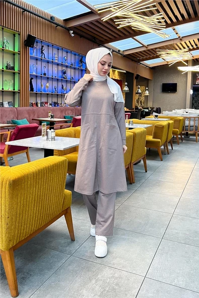 Önden İki Cepli Sade Basic Uzun Tunik Pantolon İkili Spor Takımı - 03067.016 - Vizon - Resim 4
