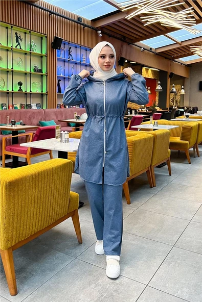 Kapşonlu Fermuarlı Belden Bağlamalı Sade Basic İkili Spor Takımı - 03070.006 - İndigo - 4