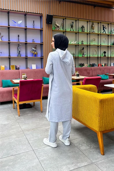 Kapşonlu Yandat Çıtçıtlı Sade Basic Uzun Tunik ve Pantolon İkili Spor Takım - 03071.008 - Gri - 8