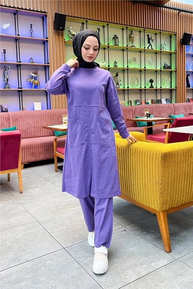 Önden İki Cepli Sade Basic Uzun Tunik Pantolon İkili Spor Takımı - 03067.207 - Koyu Lila - 2