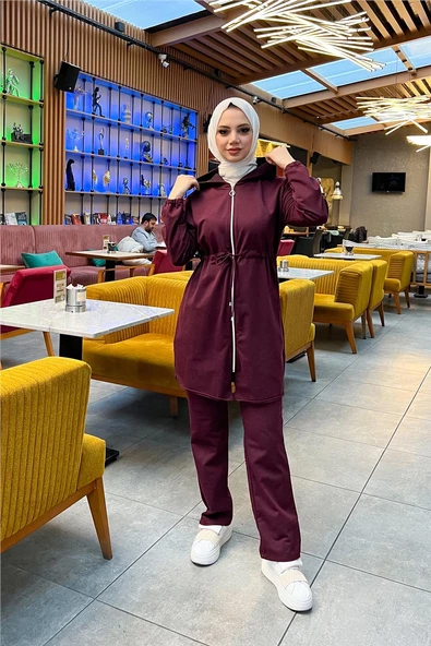 Kapşonlu Fermuarlı Belden Bağlamalı Sade Basic İkili Spor Takımı - 03070.020 - Mürdüm - 7