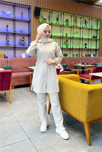 Kapşonlu Fermuarlı Belden Bağlamalı Sade Basic İkili Spor Takımı - 03070.027 - Ekru - Resim 3