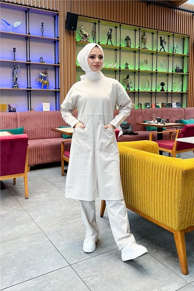 Önden İki Cepli Sade Basic Uzun Tunik Pantolon İkili Spor Takımı - 03067.027 - Ekru - Resim 2