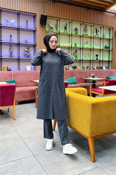 Önden İki Cepli Sade Basic Uzun Tunik Pantolon İkili Spor Takımı - 03067.017 - Antrasit - 2