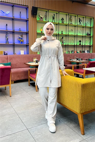 Kapşonlu Fermuarlı Belden Bağlamalı Sade Basic İkili Spor Takımı - 03070.027 - Ekru ürün görseli