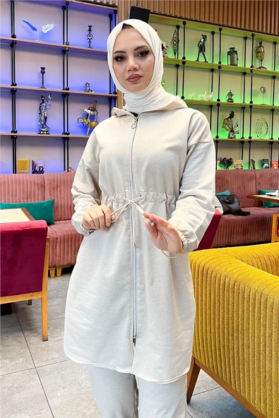 Kapşonlu Fermuarlı Belden Bağlamalı Sade Basic İkili Spor Takımı - 03070.027 - Ekru - Resim 8