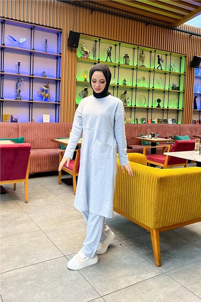 Önden İki Cepli Sade Basic Uzun Tunik Pantolon İkili Spor Takımı - 03067.008 - Gri - 3